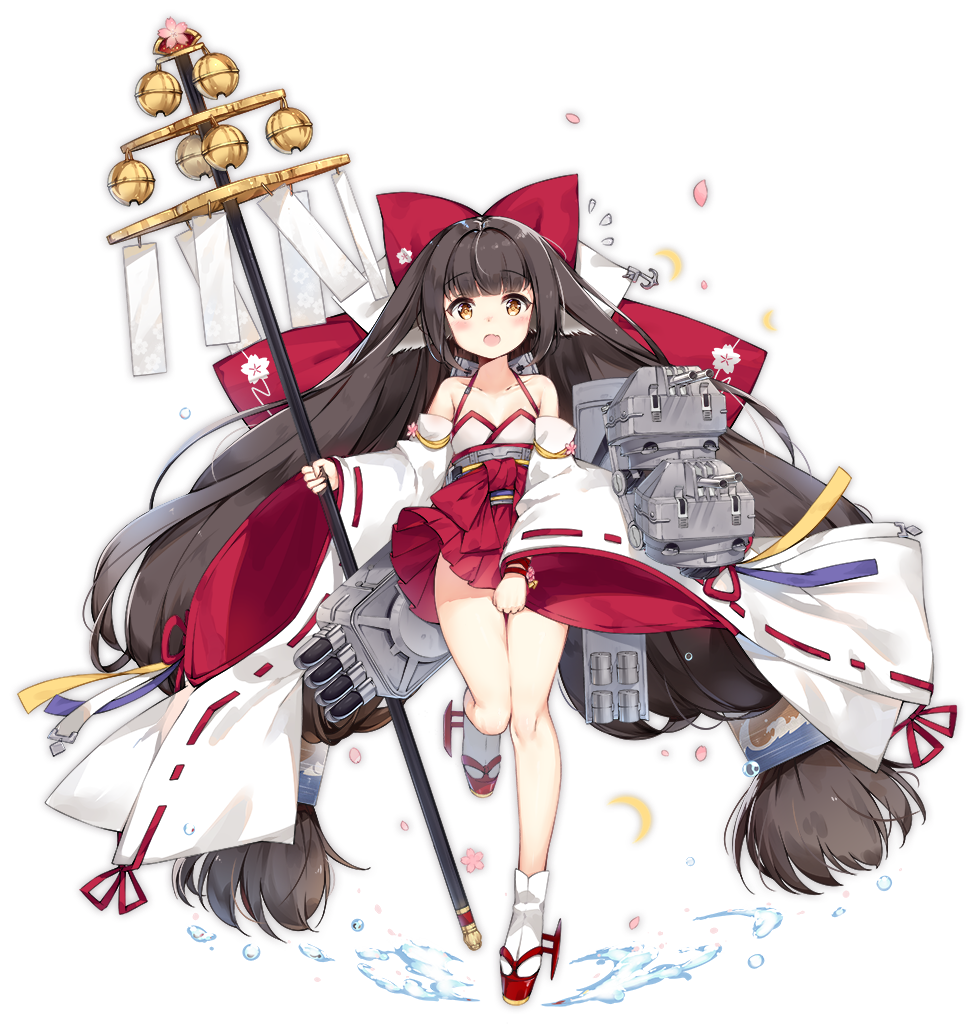 1girl :o absurdly_long_hair anchor azur_lane bangs bell big_hair black_hair blush bow breasts cherry_blossoms cleavage collarbone crescent detached_sleeves eyebrows eyebrows_visible_through_hair facing_viewer flying_sweatdrops full_body hair_bow hair_intakes harutsuki_(azur_lane) head_wings holding holding_staff jingle_bell long_hair low-tied_long_hair maya_g miniskirt official_art open_mouth orange_eyes petals pleated_skirt pulled_by_self red_bow red_skirt ribbon-trimmed_clothes ribbon-trimmed_sleeves ribbon_trim simple_background skirt skirt_lift skirt_pull small_breasts socks solo staff standing standing_on_one_leg tabi tachi-e thigh_gap transparent_background very_long_hair water white_legwear wide_sleeves