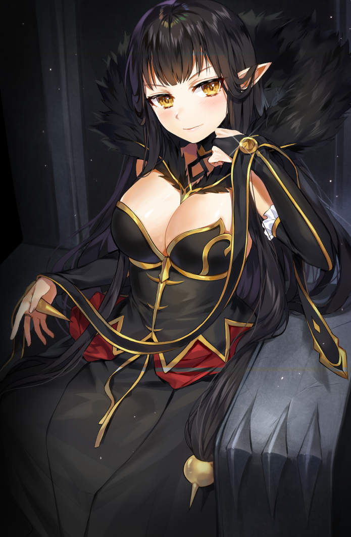 1girl absurdly_long_hair black_dress black_hair breasts bridal_gauntlets cleavage closed_mouth detached_sleeves dress fate/apocrypha fate/grand_order fate_(series) fur_trim gijang large_breasts long_dress long_hair pointy_ears semiramis_(fate) smile solo spikes very_long_hair yellow_eyes