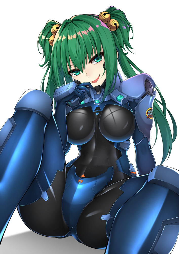 1girl armor bell bodysuit breasts commission cui_yifei eyebrows_visible_through_hair green_eyes green_hair hair_bell hair_between_eyes hair_ornament head_tilt healther jingle_bell long_hair looking_at_viewer medium_breasts muvluv muvluv_alternative open_mouth simple_background sitting smile solo spread_legs twintails v-shaped_eyebrows white_background