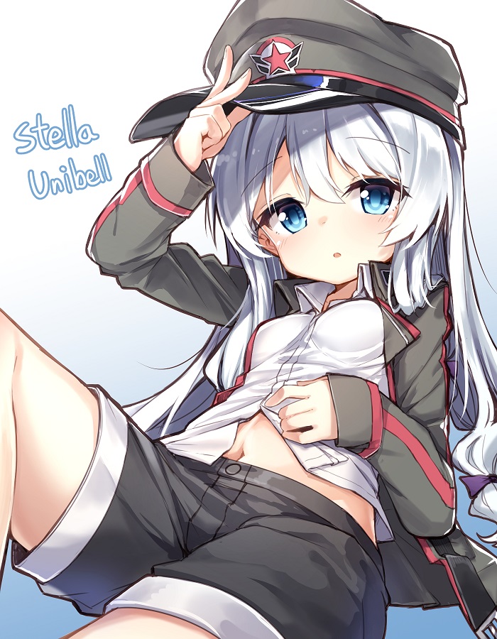 1girl arm_up bangs blue_background blue_eyes blush bow breasts character_name collared_shirt commentary_request darnell eyebrows_visible_through_hair fingernails gradient gradient_background grey_hat grey_jacket grey_shorts hair_between_eyes hair_bow hand_on_headwear hand_on_own_stomach hat jacket korean_commentary long_hair long_sleeves looking_at_viewer military_hat navel open_clothes open_jacket peaked_cap purple_bow shirt short_shorts shorts silver_hair sleeves_past_wrists small_breasts solo soul_worker star stella_unibell very_long_hair white_background white_shirt