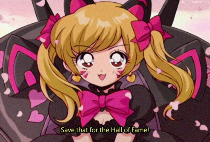 1girl 90s :3 :d alternate_costume animal_ears bangs black_cat_d.va black_dress blonde_hair blush bow bowtie breasts brown_eyes cat_ears cherry_blossoms cleavage commentary d.va_(overwatch) dot_nose dress earrings english english_commentary eyebrows_visible_through_hair eyelashes eyes_visible_through_hair fake_screenshot fang film_grain hair_bow heart heart_earrings jewelry lolita_fashion long_hair looking_at_viewer medium_breasts open_mouth overwatch parody petals pikiru pink_bow pink_neckwear puffy_short_sleeves puffy_sleeves shiny shiny_hair short_sleeves smile solo style_parody subtitled swept_bangs takeuchi_naoko_(style) twintails upper_body v-shaped_eyebrows v_arms vhs_artifacts white_pupils