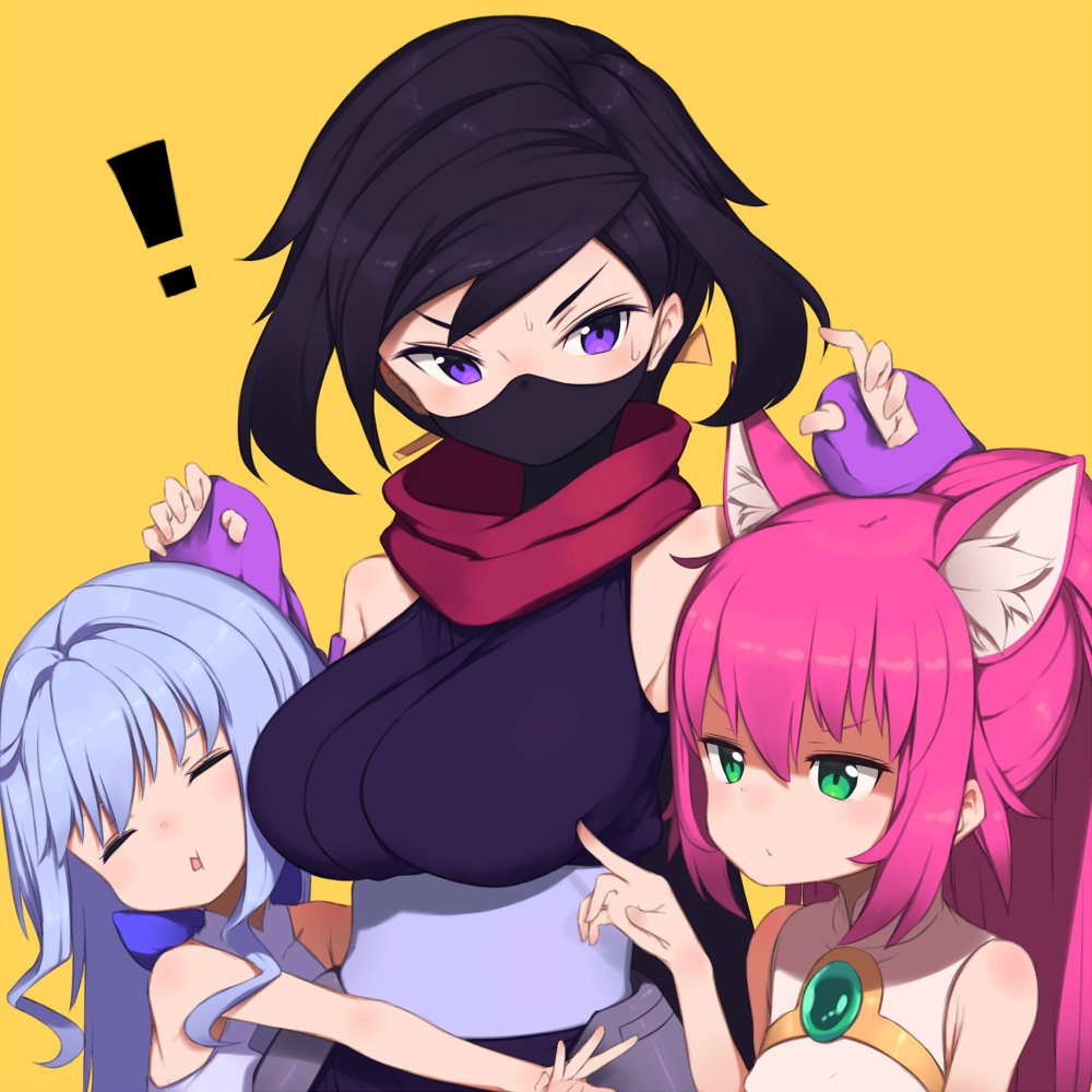 3girls animal_ears ayame_(gundam_build_divers) bangs black_hair blush breast_envy breast_poke breasts cat_ears cat_tail dress elbow_gloves face_mask gamuo gloves green_eyes gundam gundam_build_divers hair_intakes japanese_clothes large_breasts light_blue_hair long_hair mask momo_(gundam_build_divers) multiple_girls ninja pink_hair poking ponytail sara_(gundam_build_divers) scarf sleeveless sleeveless_dress tail violet_eyes white_dress yashiro_momoka