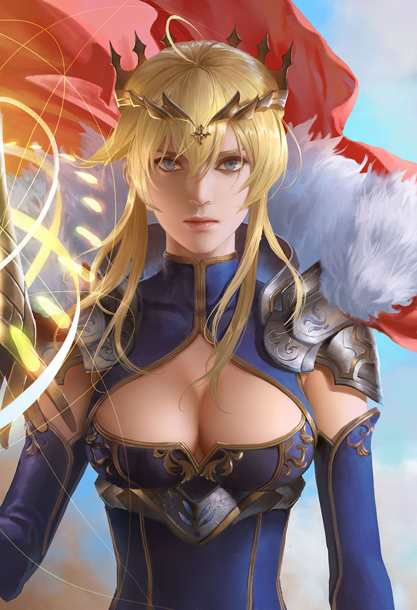 1girl ahoge armor artoria_pendragon_(all) artoria_pendragon_(lancer) blonde_hair blue_eyes blue_gloves breasts cape cleavage crown elbow_gloves fate/grand_order fate_(series) fur_trim gloves glowing glowing_weapon highres lance looking_at_viewer polearm realistic red_cape renyu1012 serious shoulder_armor solo upper_body weapon