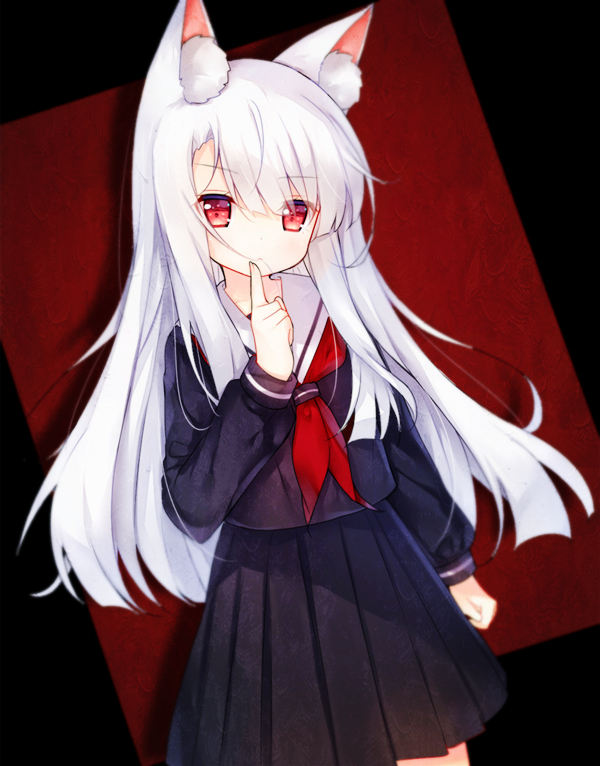 animal_ears azur_lane bangs black_serafuku black_shirt black_skirt blush closed_mouth commentary_request erebus_(azur_lane) eyebrows_visible_through_hair hair_between_eyes hair_in_mouth index_finger_raised long_hair long_sleeves looking_at_viewer neckerchief pleated_skirt red_eyes red_neckwear sailor_collar school_uniform serafuku shirt silver_hair skirt tengxiang_lingnai very_long_hair white_sailor_collar