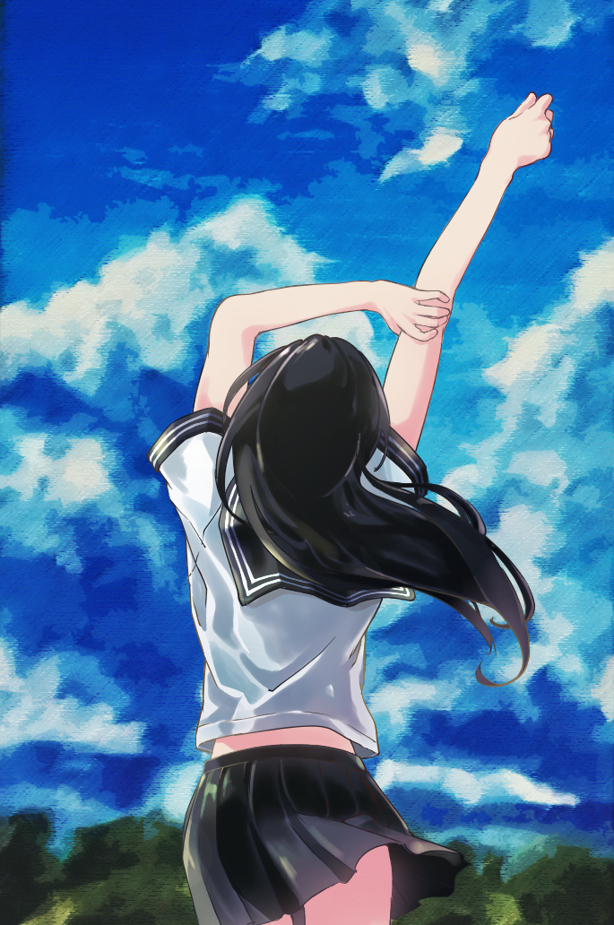 1girl arm_holding black_hair black_skirt blue_sky clouds contrapposto cropped_legs day facing_away faux_traditional_media from_behind fuyuhino hair_blowing head_tilt long_hair original outdoors pleated_skirt sailor_collar school_uniform serafuku short_sleeves skirt sky solo stretch tree wind wind_lift