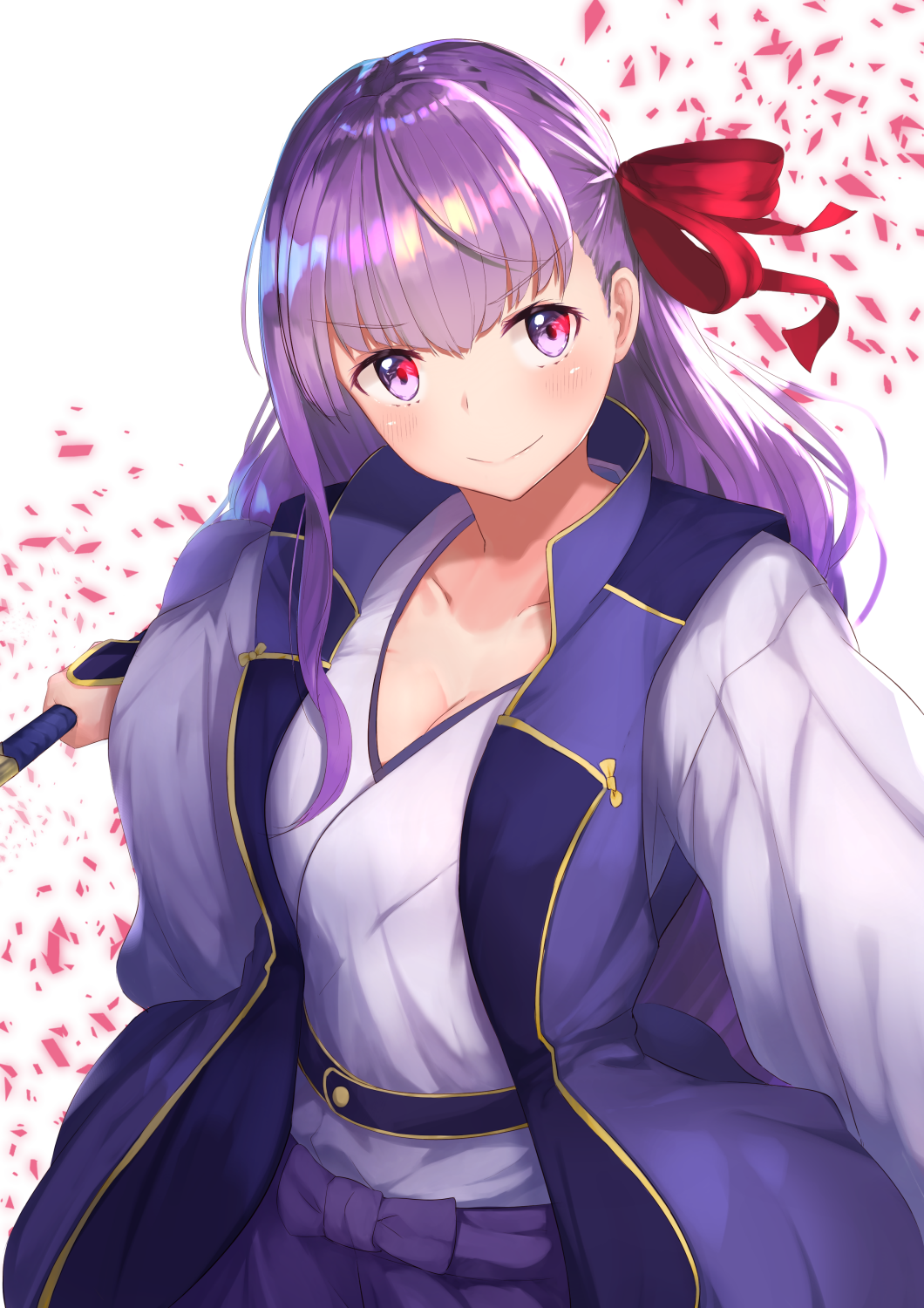 &gt;:) 1girl assassin_(fate/stay_night) assassin_(fate/stay_night)_(cosplay) bb_(fate/extra_ccc) blush breasts cleavage collarbone cosplay eyebrows_visible_through_hair fate/grand_order fate_(series) hair_ribbon highres holding holding_sword holding_weapon japanese_clothes long_hair looking_at_viewer monohoshizao purple_hair reuri_(tjux4555) ribbon solo sword violet_eyes weapon