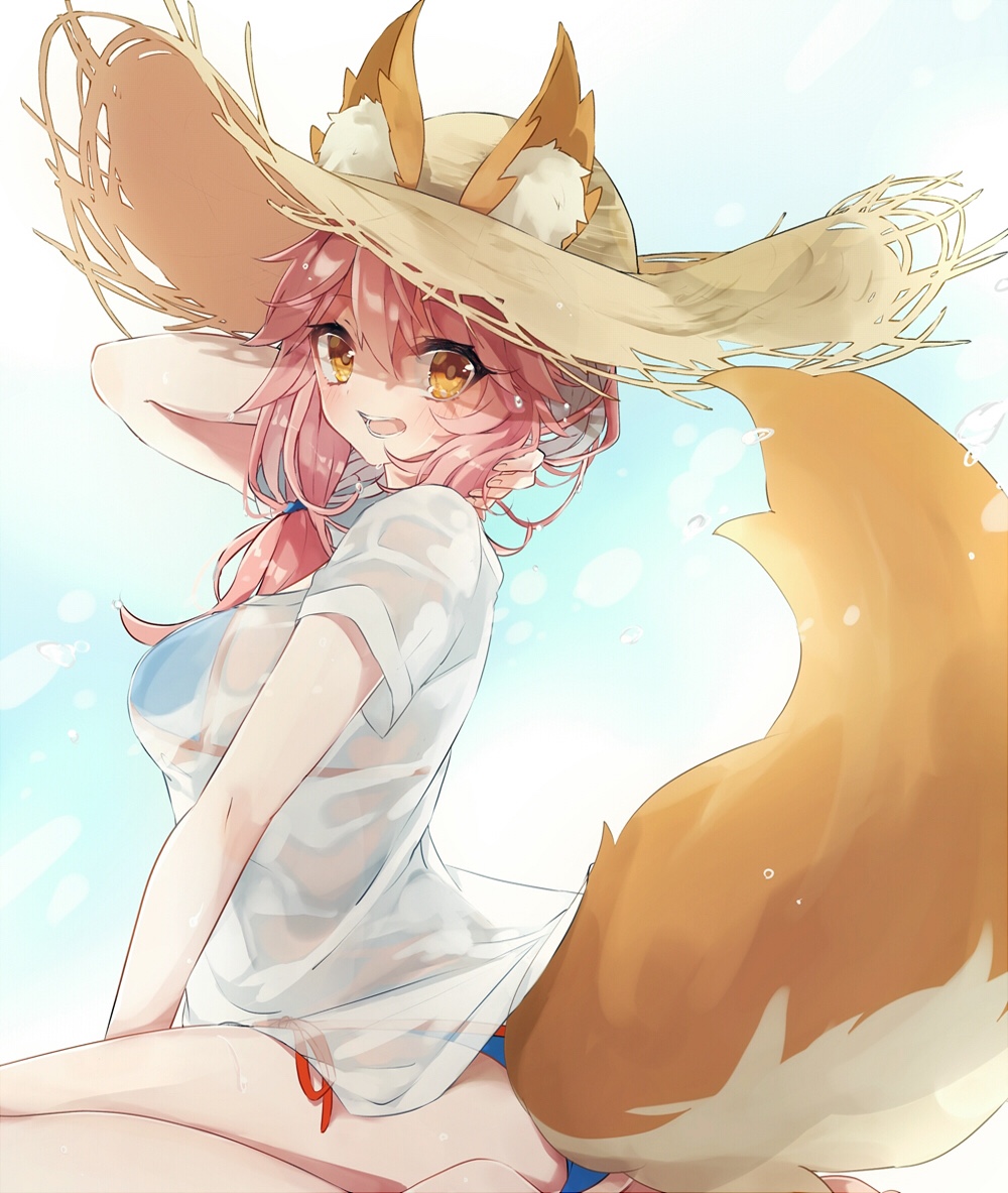 1girl animal_ears bikini bikini_under_clothes blue_bikini commentary_request ears_through_headwear fate/extra fate/grand_order fate_(series) fox_ears fox_tail hat looking_at_viewer mei_(maple_152) pink_hair see-through shirt side-tie_bikini smile solo straw_hat sun_hat swimsuit tail tamamo_(fate)_(all) tamamo_no_mae_(fate) tamamo_no_mae_(swimsuit_lancer)_(fate) wet wet_clothes wet_shirt wet_t-shirt yellow_eyes