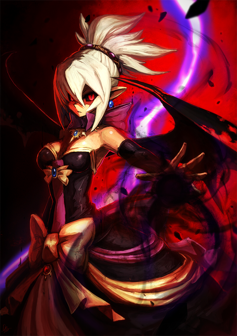 1girl bat_wings black_dress black_sclera blonde_hair bow breasts cleavage dark dark_persona demon_girl detached_sleeves disgaea dress earrings energy_ball evil gem jewelry looking_at_viewer makai_senki_disgaea_2 medium_breasts necklace outstretched_arm outstretched_hand pointy_ears ponytail red_background red_eyes ring rozalin scowl short_ponytail slit_pupils solo standing strapless strapless_dress torihasiden wings yellow_bow zenon_(disgaea)