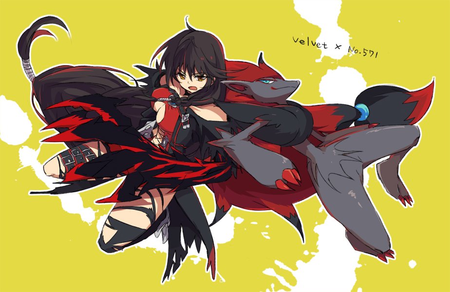 1girl artist_request bandage belt black_choker black_hair breasts choker claws collarbone long_hair medium_breasts navel pokemon pokemon_(creature) pokemon_(game) pokemon_sm redhead tales_of_(series) tales_of_berseria torn_clothes under_boob velvet_crowe very_long_hair yellow_eyes