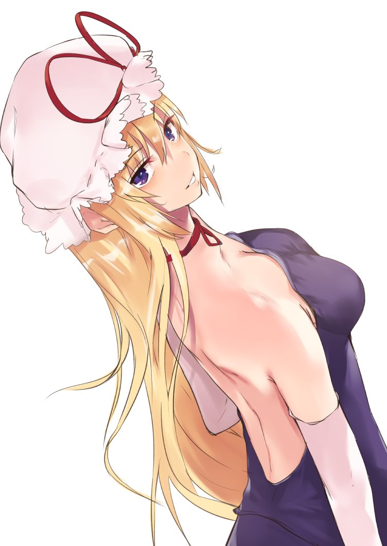 1girl asuzemu backless_outfit bag bare_back blonde_hair breasts choker cleavage dress dutch_angle elbow_gloves eyebrows_visible_through_hair from_above from_side gloves hair_between_eyes hat long_hair looking_at_viewer low-cut ribbon_choker shoulder_bag smile solo strapless strapless_dress touhou very_long_hair violet_eyes white_background white_gloves yakumo_yukari