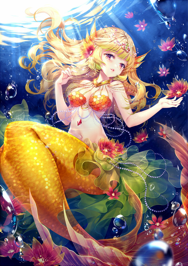 bare_shoulders blonde_hair breasts commission full_body gradient_hair green_hair hieihirai jewelry long_hair mermaid monster_girl multicolored_hair navel necklace original pink_eyes underwater wavy_hair