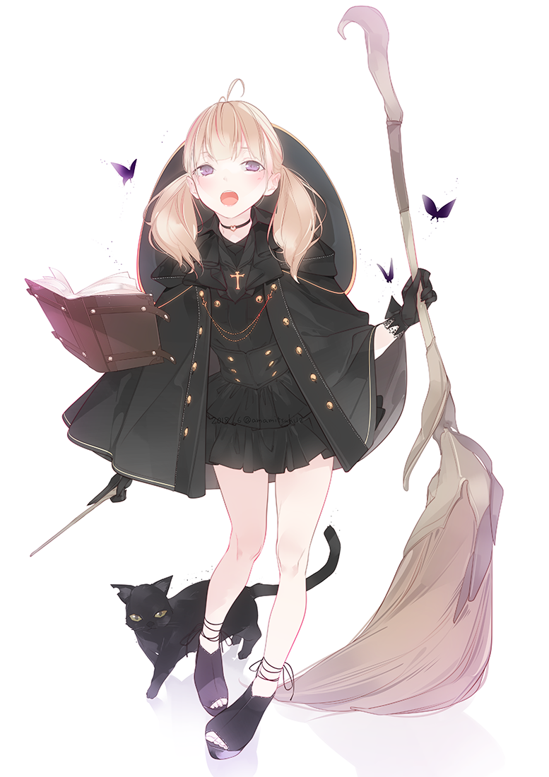 1girl ahoge ama_mitsuki animal bangs bare_legs black_cat black_dress black_footwear black_gloves blonde_hair blue_eyes blush broom bug butterfly cape cat choker commentary_request dress eyebrows_visible_through_hair full_body gloves heart heart_choker holding holding_wand insect long_hair long_sleeves looking_at_viewer low_twintails open_mouth open_toe_shoes original revision simple_background solo twintails wand white_background