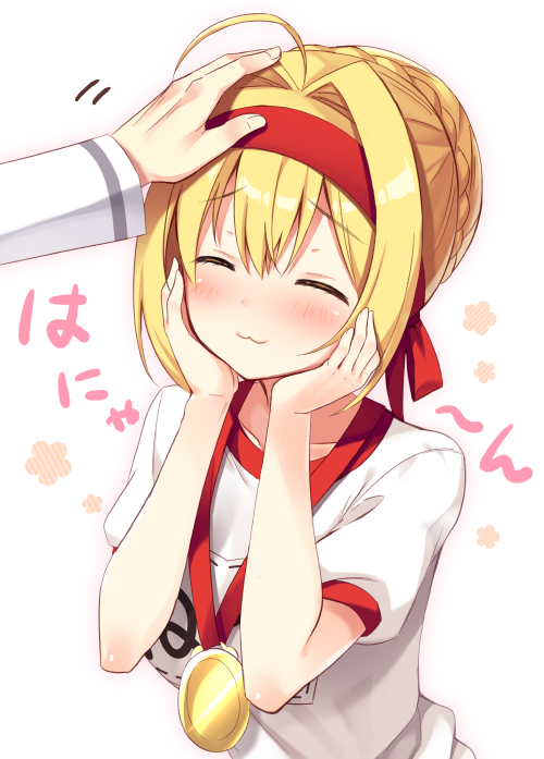 1girl :3 ^_^ ahoge blonde_hair closed_eyes closed_mouth fate/extra fate/grand_order fate_(series) gym_uniform hands_on_own_cheeks hands_on_own_face headband medal nero_claudius_(fate) nero_claudius_(fate)_(all) olympian_bloomers petting red_headband short_hair short_sleeves simple_background smile solo_focus sumisaki_yuzuna white_background