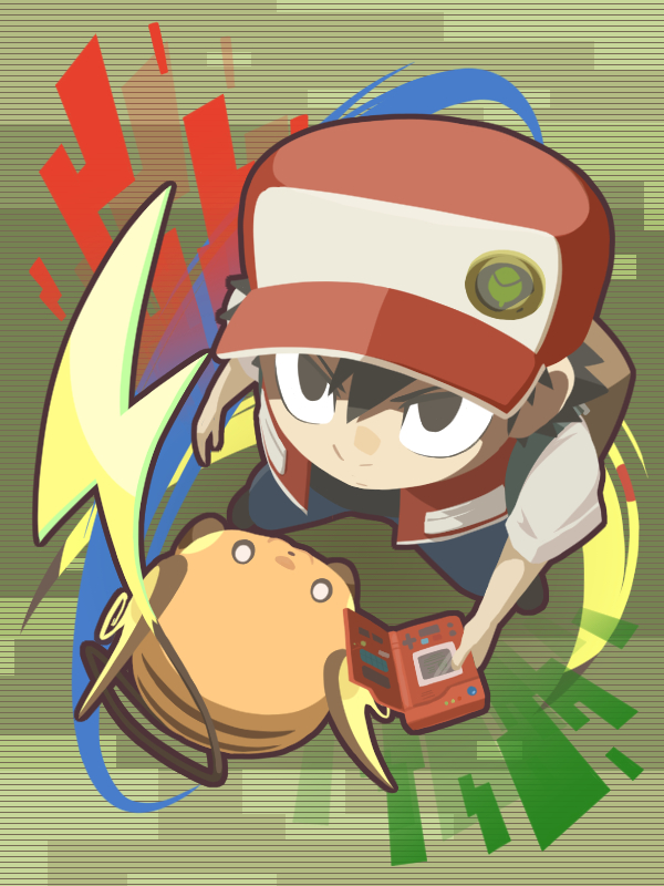 1boy :3 backpack bag bangs baseball_cap black_eyes black_footwear black_hair blue_pants cafe_(chuu_no_ouchi) closed_mouth from_above gen_1_pokemon hair_between_eyes hat holding legs_apart male_focus no_pupils open_clothes open_vest pants pokedex pokemon pokemon_(creature) pokemon_(game) pokemon_rgby raichu red_(pokemon) red_(pokemon_rgby) red_hat red_vest shirt shoes short_hair short_sleeves standing vest