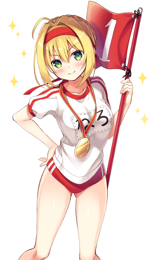 1girl ahoge blonde_hair blush buruma closed_mouth commentary_request fate/extra fate/grand_order fate_(series) flag green_eyes gym_uniform hand_on_hip headband looking_at_viewer medal nero_claudius_(fate) nero_claudius_(fate)_(all) olympian_bloomers red_buruma red_headband short_hair short_sleeves simple_background smile solo sparkle standing sumisaki_yuzuna white_background