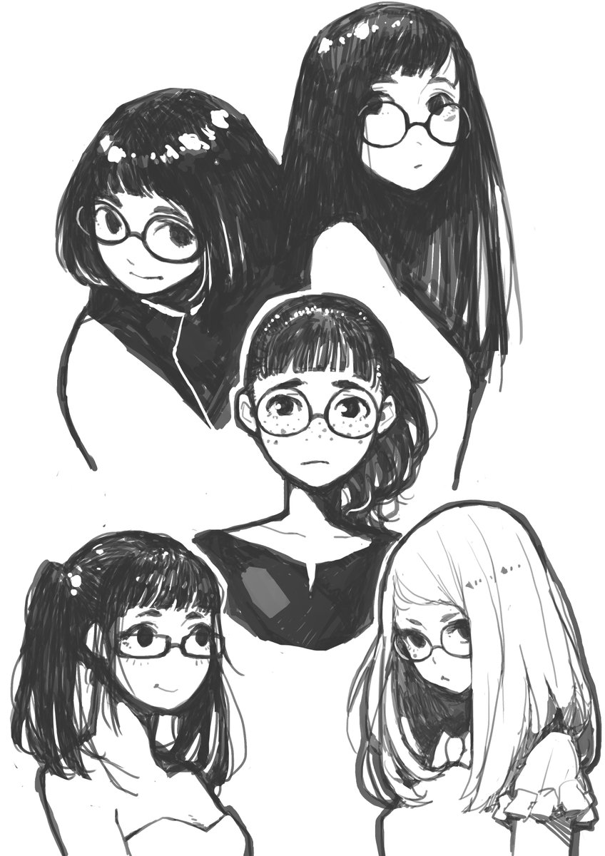 5girls bangs black_hair blonde_hair blunt_bangs bob_cut e-kaki freckles frown glasses highres long_hair monochrome multiple_girls original ponytail short_hair sketch smile swept_bangs twintails