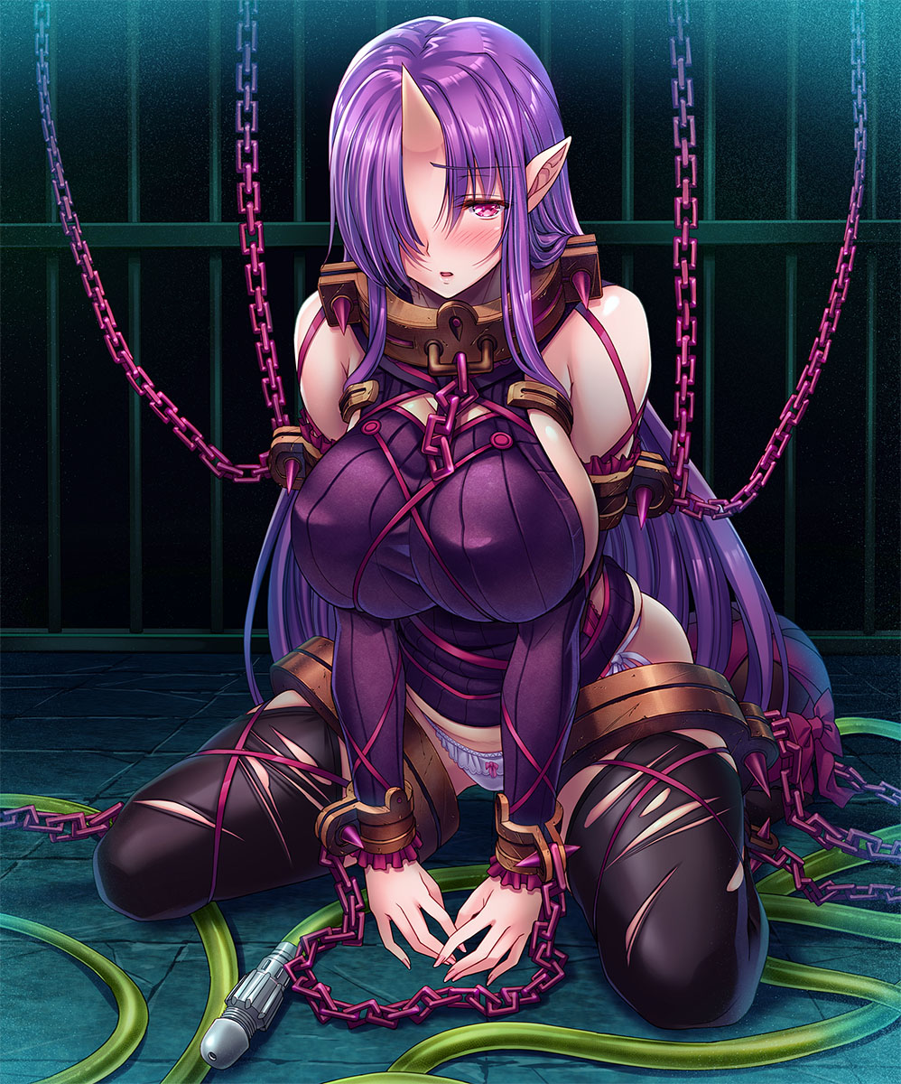 1girl black_legwear blush bow breasts chains collar commentary_request cuffs eyebrows_visible_through_hair frilled_sleeves frills full_body hair_over_one_eye handcuffs hands_together highres horn indoors kneeling large_breasts long_hair looking_at_viewer no_pants oni_horn open_mouth original panties pink_eyes pointy_ears purple_bow purple_hair purple_sweater restrained saijou_satoru shiny shiny_hair side-tie_bottom side-tie_panties sideboob solo sweater thigh-highs torn_clothes torn_thighhighs underwear very_long_hair white_panties