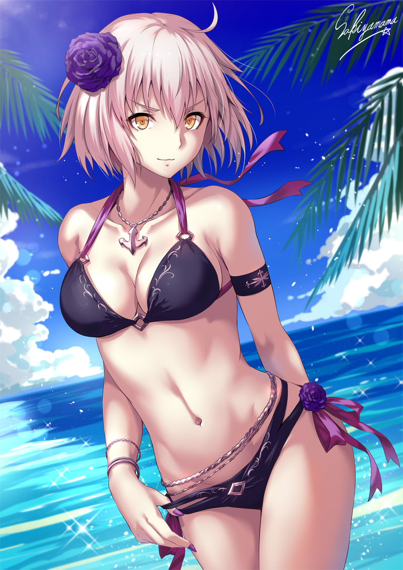 1girl ahoge anchor_necklace arm_behind_back armband beach belly_chain bikini bikini_pull breasts clouds collarbone day fate/grand_order fate_(series) flower hair_flower hair_ornament halter_top halterneck hand_on_hip jeanne_d'arc_(alter)_(fate) jeanne_d'arc_(fate)_(all) jewelry looking_at_viewer medium_breasts nail_polish navel necklace ocean orange_eyes outdoors palm_tree pink_hair purple_bikini purple_nails sakiyamama short_hair side-tie_bikini sky smile solo sparkle swimsuit tree upper_body wristband