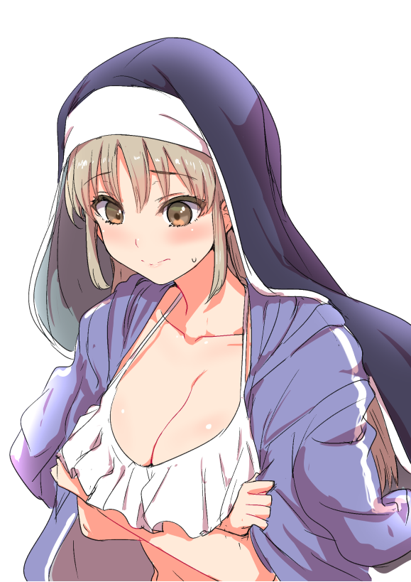 arms_under_breasts bikini blue_hoodie blush breasts brown_eyes clearite cleavage closed_mouth collarbone commentary frilled_bikini frilled_bikini_top frills habit hood hoodie large_breasts long_hair looking_down midriff navel nijisanji nijisanji_seeds sister_cleaire sweatdrop swimsuit swimsuit_under_clothes virtual_youtuber white_swimsuit