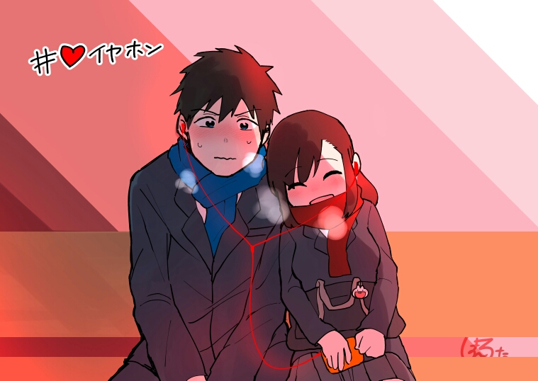 1boy 1girl blush brown_hair closed_eyes collared_jacket commentary_request couple earphones earphones happy original phone scarf shiromanta short_hair suit_jacket