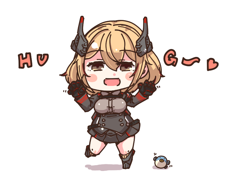 1girl :d animal azur_lane bangs black_jacket black_skirt blonde_hair blowfish blush breasts brown_eyes buttons chibi collared_shirt cropped_jacket dress_shirt english eyebrows eyebrows_visible_through_hair fish full_body grey_shirt hair_between_eyes hands_up headgear heart horoyuki_(gumizoku) jacket large_breasts leg_up long_sleeves looking_at_viewer miniskirt motion_lines multicolored_hair open_clothes open_jacket open_mouth pleated_skirt redhead roon_(azur_lane) shadow shirt short_hair simple_background skirt smile solo standing standing_on_one_leg streaked_hair white_background