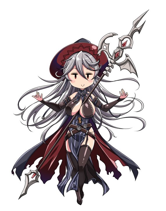 1girl :&gt; between_breasts breasts cape detached_sleeves full_body garter_straps granblue_fantasy hat large_breasts long_hair magisa_(granblue_fantasy) pelvic_curtain polearm satsuki_imonet silver_hair solid_oval_eyes solo thigh-highs torn_cape weapon witch_hat