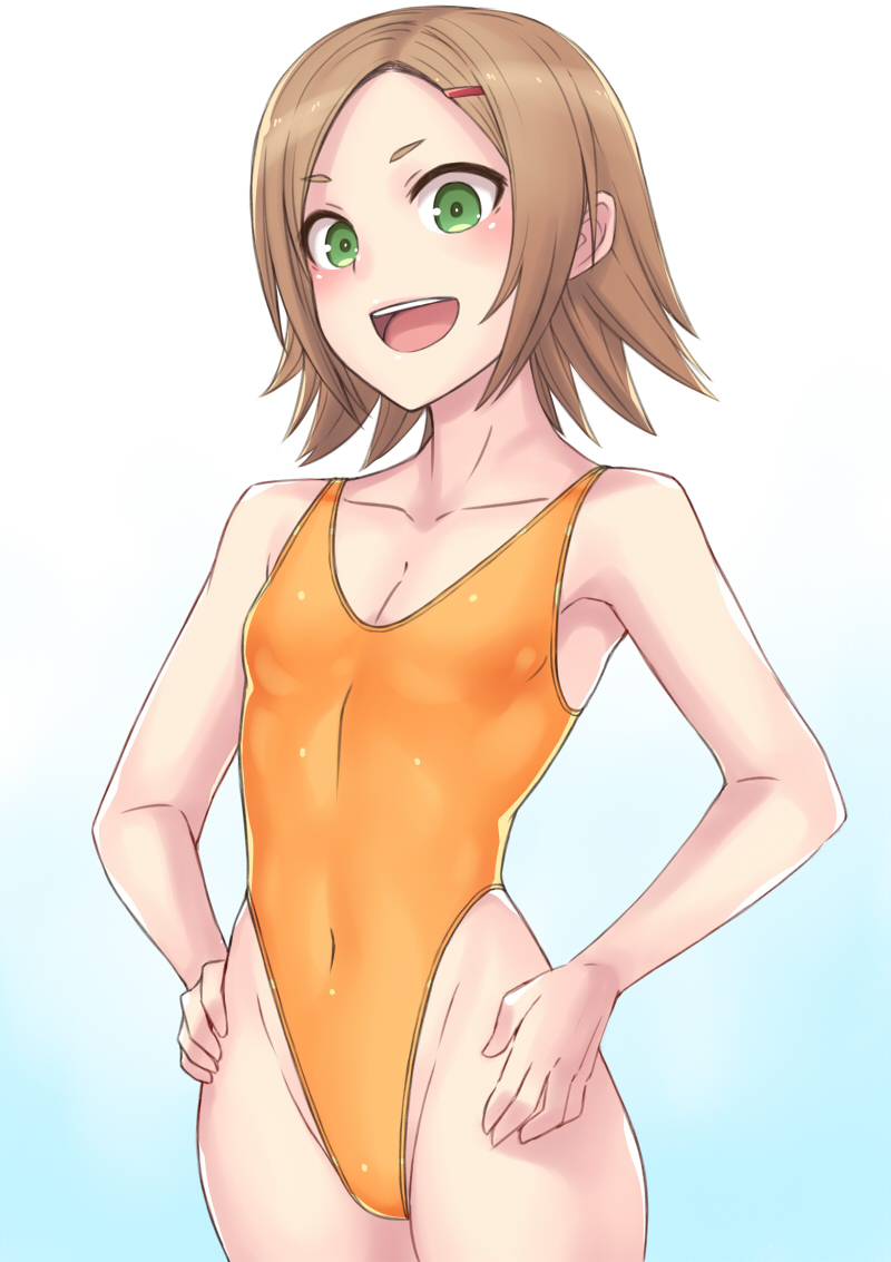 1girl brown_hair cowboy_shot flat_chest green_eyes hai_(h81908190) hands_on_hips highleg highleg_swimsuit one-piece_swimsuit open_mouth orange_swimsuit original short_hair simple_background smile solo standing swimsuit white_background