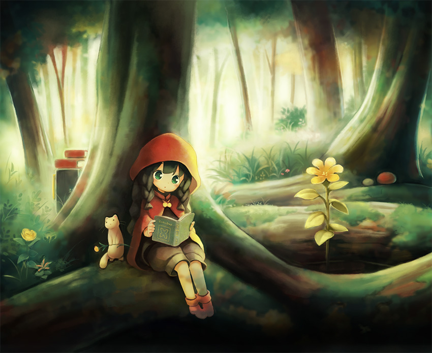 1girl :o aikei_ake animal bangs black_hair blush book boots braid brown_shorts cape cat commentary_request day eyebrows_visible_through_hair flower forest green_eyes holding holding_book hood hood_up hooded_cape little_red_riding_hood little_red_riding_hood_(grimm) low_twintails mushroom nature open_book original outdoors parted_lips puffy_shorts red_cape red_footwear short_shorts shorts sitting solo tree twin_braids twintails yellow_flower