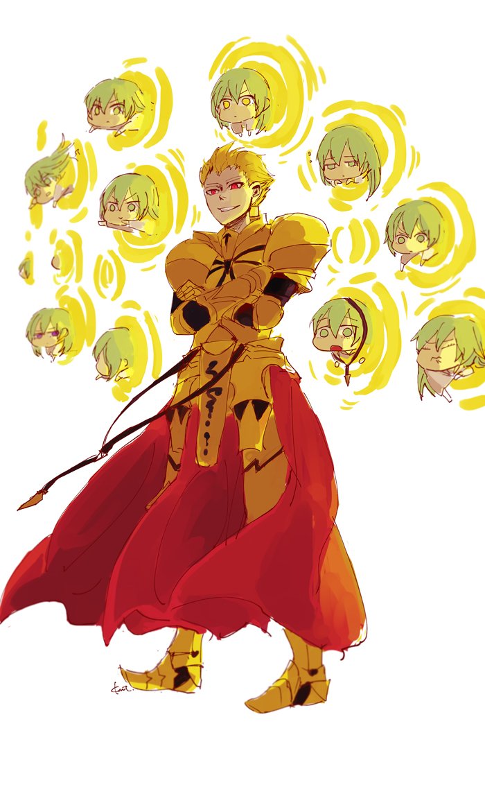 6+boys armor blonde_hair chibi closed_eyes closed_mouth commentary_request crossed_arms enkidu_(fate/strange_fake) fate/stay_night fate/strange_fake fate_(series) gate_of_babylon gauntlets gilgamesh green_eyes green_hair grin kingu_(fate) looking_at_another multiple_boys multiple_persona open_mouth red_eyes short_hair smile standing tonebird violet_eyes white_background