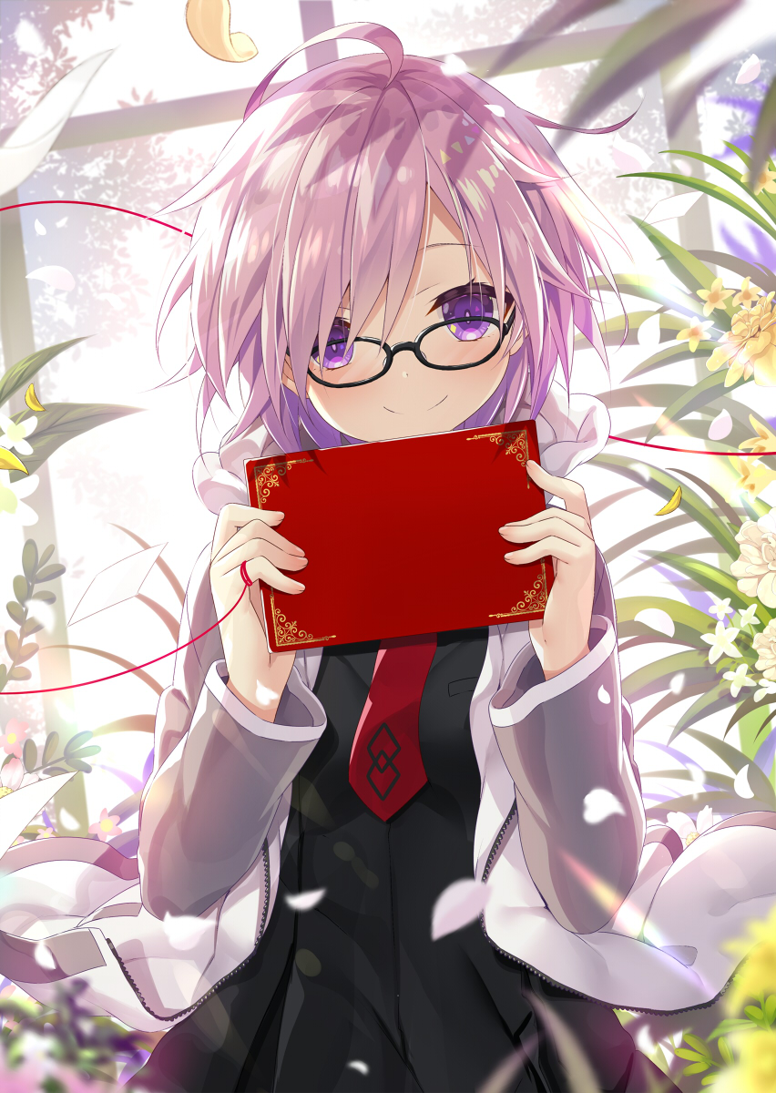 1girl ahoge black-framed_eyewear commentary_request fate/grand_order fate_(series) flower flower_request glasses highres lavender_hair looking_at_viewer mash_kyrielight necktie red_neckwear red_string short_hair smile solo string upper_body violet_eyes window yano_mitsuki