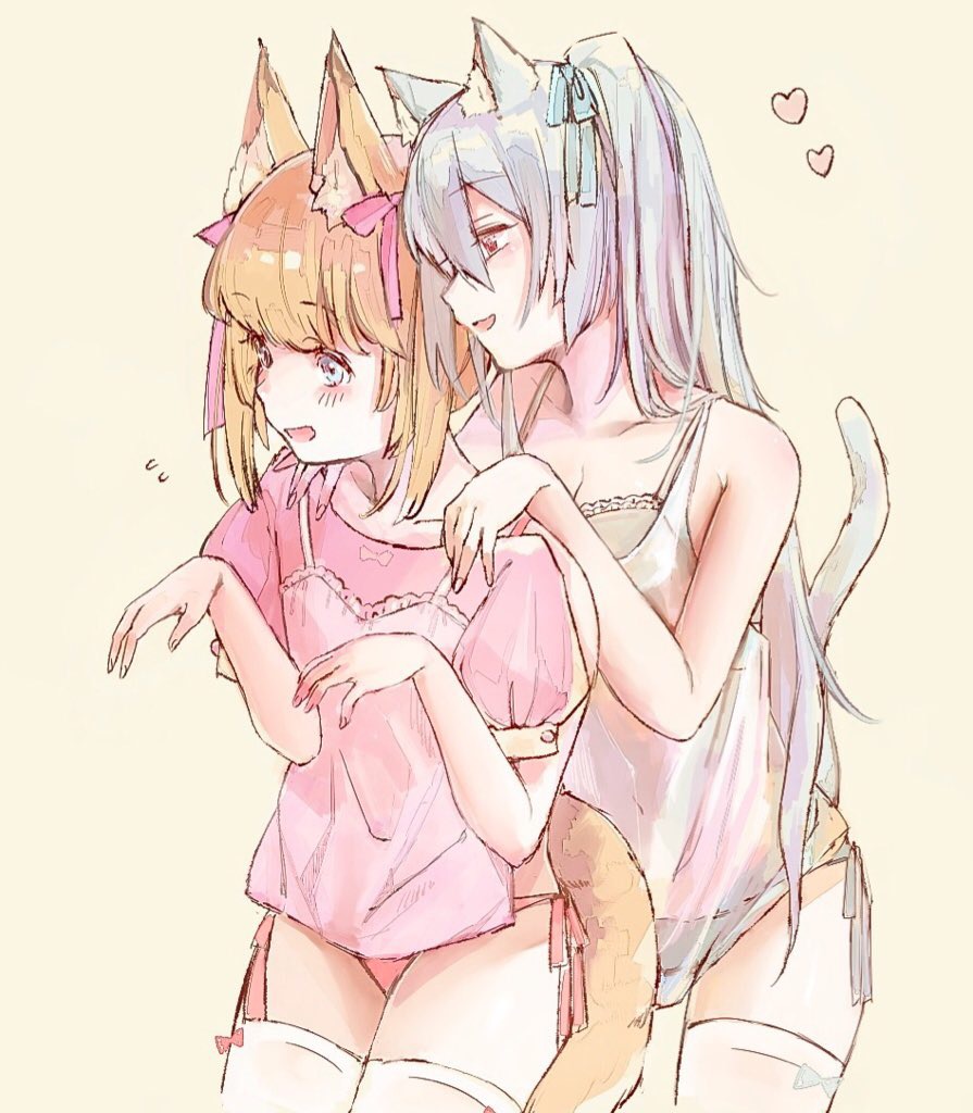 2girls animal_ears black_bra black_panties blue_eyes blue_ribbon blush bra breasts cat_ears cat_tail cleavage collarbone commentary fox_ears hair_ribbon heart kemomimi_oukoku_kokuei_housou kikiyu lingerie mikoko_(kemomimi_oukoku_kokuei_housou) multiple_girls nora_cat nora_cat_channel open_mouth panties pink_bra pink_panties pink_ribbon pink_shirt puffy_short_sleeves puffy_sleeves red_eyes ribbon shirt short_sleeves side-tie_panties smile tail thigh-highs two_side_up underwear virtual_youtuber white_legwear yuri