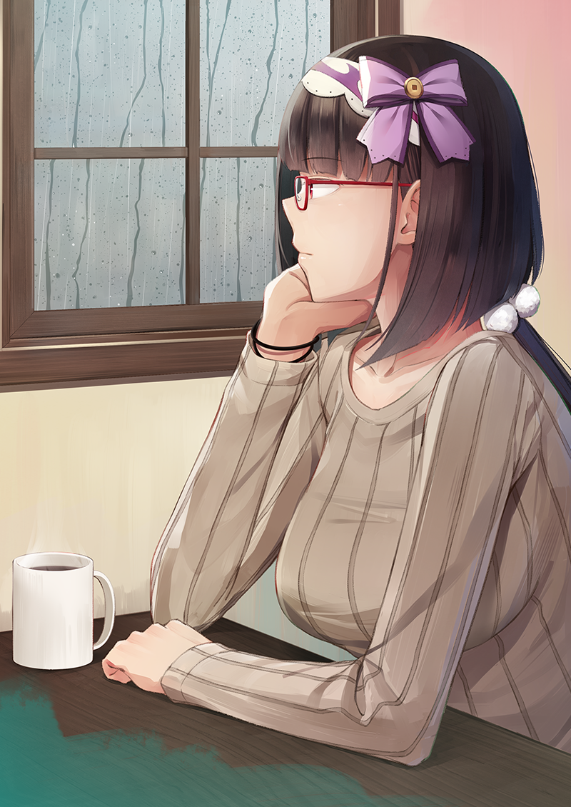 1girl bangs black_hair bow breasts casual cup fate/grand_order fate_(series) glasses hairband head_rest large_breasts long_hair long_sleeves osakabe-hime_(fate/grand_order) profile purple_bow rain red-framed_eyewear red_eyes ribbed_shirt shirt solo steam umihotaru_harumare window
