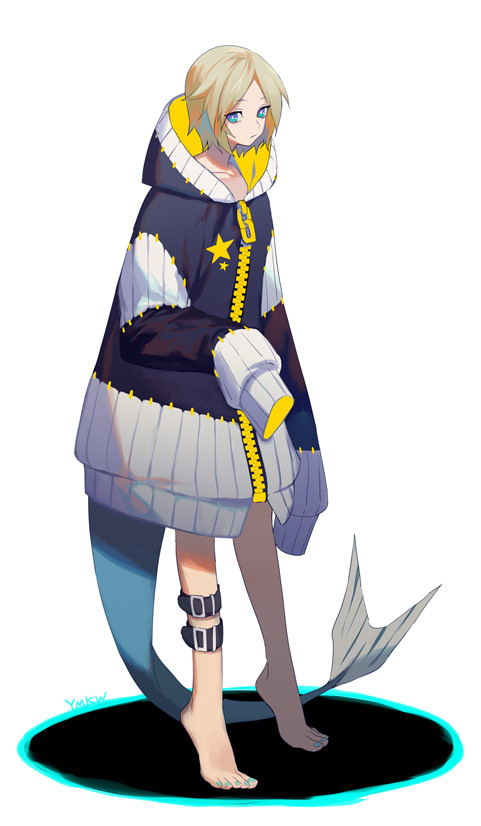 1girl barefoot blonde_hair blue_eyes blue_nails bright_pupils closed_mouth hood hood_down hooded_jacket jacket leg_belt looking_at_viewer nail_polish original short_hair simple_background sleeves_past_fingers solo standing tail tiptoes toenail_polish toenails white_background yamakawa zipper