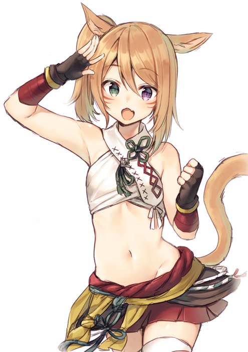 1girl animal_ears arm_up bangs black_gloves cat_ears cat_girl cat_tail commentary_request eyebrows_visible_through_hair fang final_fantasy final_fantasy_xiv fingerless_gloves gloves green_eyes hair_between_eyes heterochromia light_brown_hair looking_at_viewer midorikawa_you miqo'te navel open_mouth pleated_skirt red_skirt side_ponytail simple_background skirt solo tail tail_raised thigh-highs violet_eyes white_background white_legwear