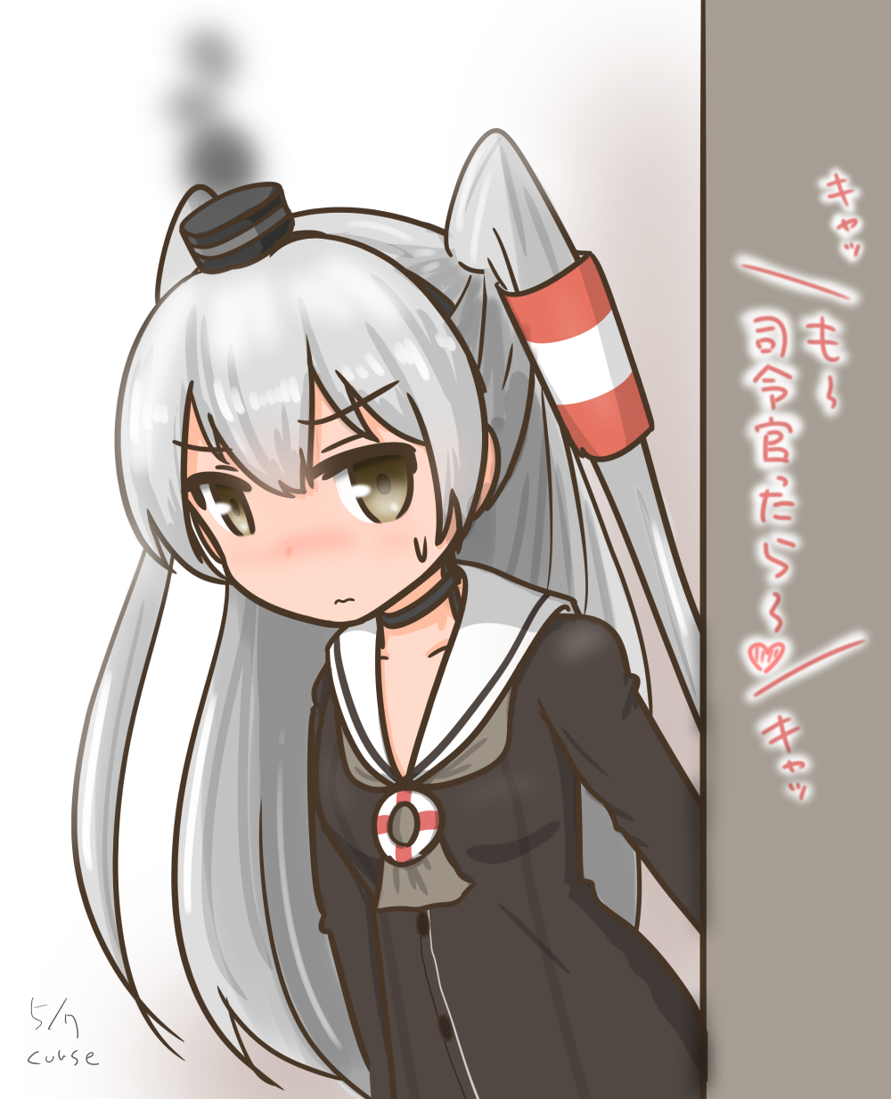 1girl amatsukaze_(kantai_collection) artist_name bangs black_choker black_dress black_hairband blush brown_eyes buttons choker curse_(023) dated dress eyebrows_visible_through_hair grey_neckwear hair_tubes hairband hat heart highres kantai_collection lifebuoy long_hair long_sleeves looking_to_the_side mini_hat nose_blush sailor_collar sailor_dress short_dress silver_hair smokestack solo sweatdrop translation_request two_side_up white_sailor_collar windsock