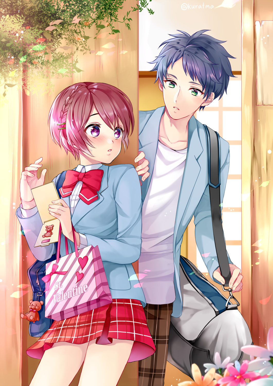 1boy 1girl against_door arm_up bag blue_hair blue_jacket blush bow braid collarbone cropped_legs flower french_braid green_eyes gym_bag hair_between_eyes hair_ornament hairclip highres jacket kurabayashi leaning looking_at_another looking_back messy_hair open_clothes open_jacket original outdoors pants parted_lips pink_hair plaid plaid_pants plaid_skirt red_bow school_bag school_uniform shirt shopping_bag short_hair skirt sliding_doors thick_eyebrows twitter_username untucked_shirt violet_eyes white_shirt