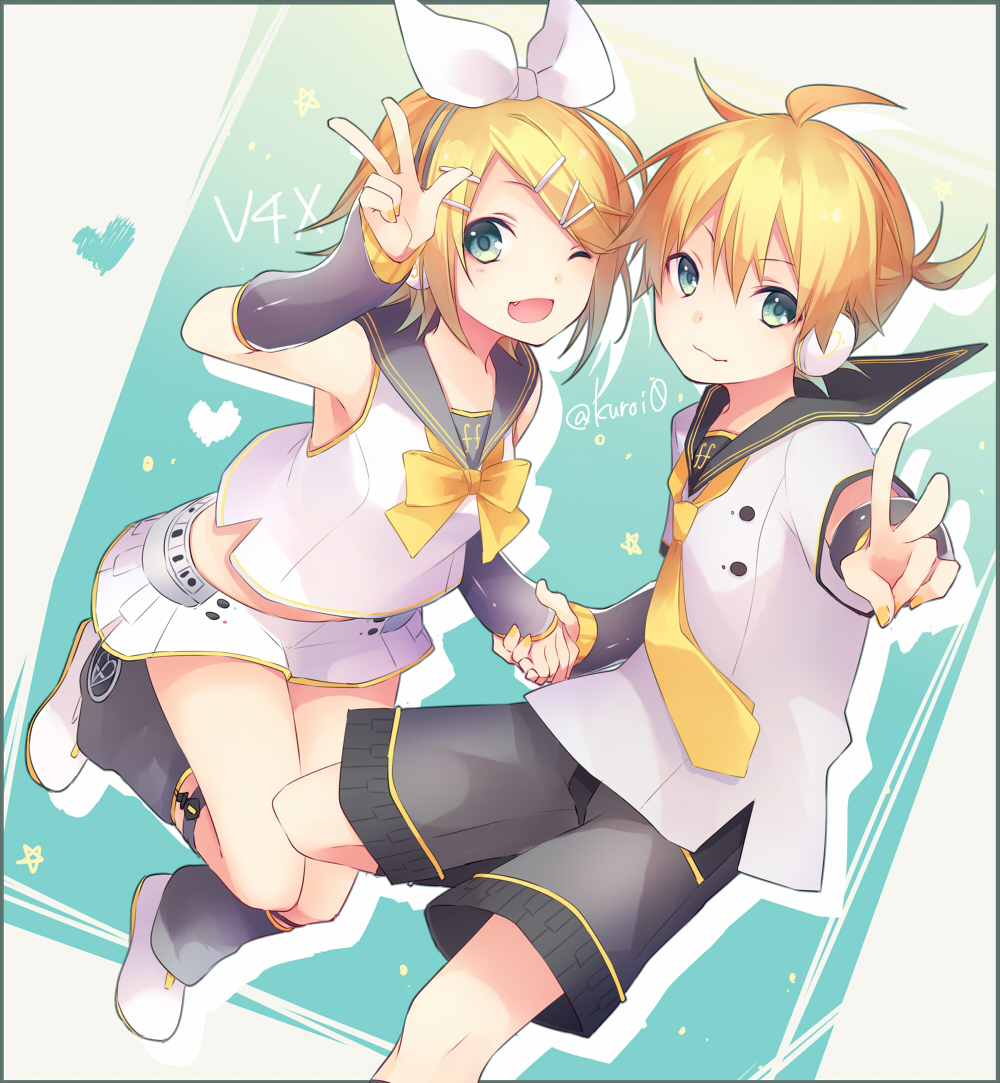 1boy 1girl ahoge arm_warmers blonde_hair bow bowtie fang grey_eyes hair_bow hand_holding heart kagamine_len kagamine_rin kuroi_(liar-player) leg_warmers looking_at_viewer miniskirt necktie sailor_collar short_hair shorts signature skirt smile star starry_background v vocaloid