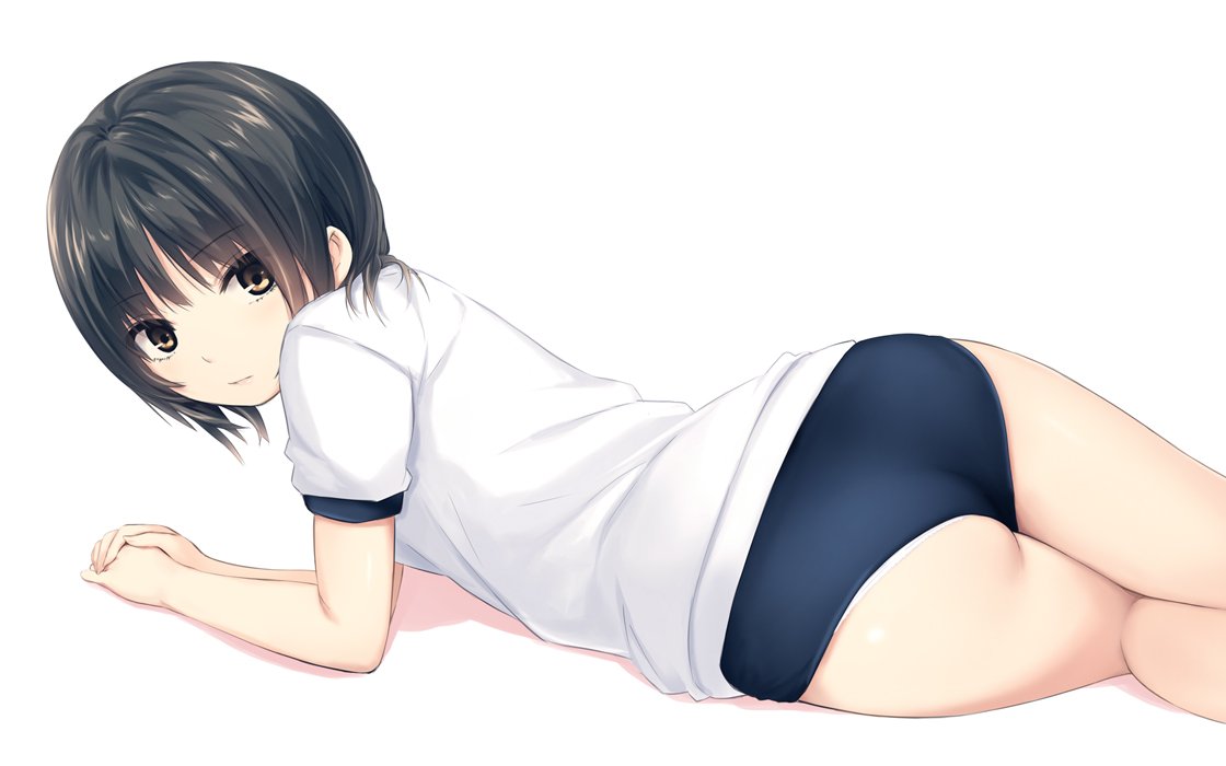1girl aoyama_sumika ass bangs black_hair brown_eyes buruma coffee-kizoku commentary_request expressionless eyebrows_visible_through_hair from_behind gym_uniform looking_at_viewer looking_back lying original own_hands_together panties panty_peek short_hair short_sleeves simple_background solo underwear white_background white_panties
