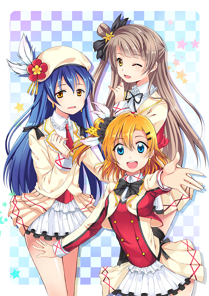 3girls bangs black_neckwear blue_eyes blue_hair earrings frilled_shirt_collar frills grey_hair hair_between_eyes hair_ornament hairclip hat jewelry kousaka_honoka long_hair looking_at_viewer love_live! love_live!_school_idol_project minami_kotori multiple_girls one_eye_closed one_side_up open_mouth orange_hair smile sonoda_umi sore_wa_bokutachi_no_kiseki yellow_eyes