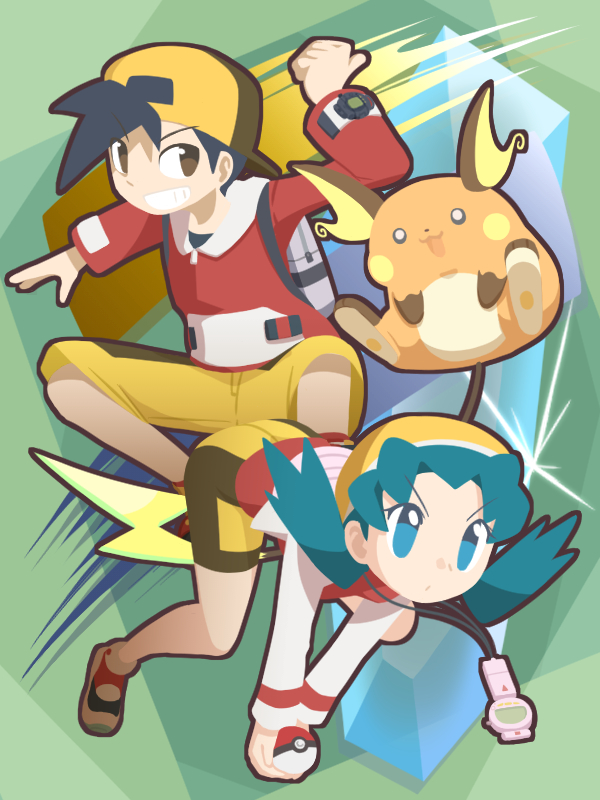 1boy 1girl :3 backpack backwards_hat bag black_hair blue_eyes blue_hair brown_eyes brown_hair cafe_(chuu_no_ouchi) capri_pants cropped_jacket crystal_(pokemon) eyebrows eyebrows_visible_through_hair eyelashes gen_1_pokemon gold_(pokemon) grin hat jacket legs_apart long_hair long_sleeves multicolored multicolored_clothes multicolored_shorts no_pupils open_clothes open_jacket pants poke_ball poke_ball_(generic) pokegear pokemon pokemon_(creature) pokemon_(game) pokemon_gsc raichu red_shirt shirt shoes short_hair shorts smile teeth thumbs_up twintails v_arms very_long_hair white_jacket yellow_hat yellow_pants