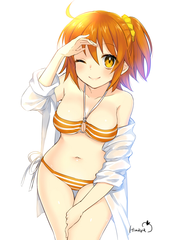 1girl ahoge bikini breasts dress_shirt fate/grand_order fate_(series) fujimaru_ritsuka_(female) himaya leaning_forward one_eye_closed one_side_up open_clothes open_shirt orange_bikini orange_eyes orange_hair shirt signature simple_background small_breasts solo striped striped_bikini swimsuit thigh_gap white_background