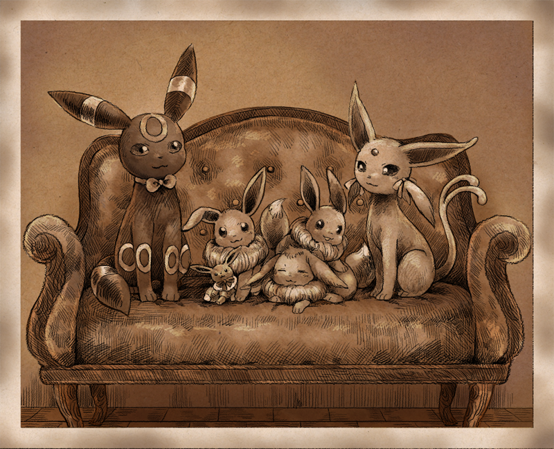 border closed_eyes couch creature eevee espeon gen_1_pokemon gen_2_pokemon lying matsuri_(matsuike) monochrome no_humans on_stomach pokemon pokemon_(creature) sepia sitting umbreon