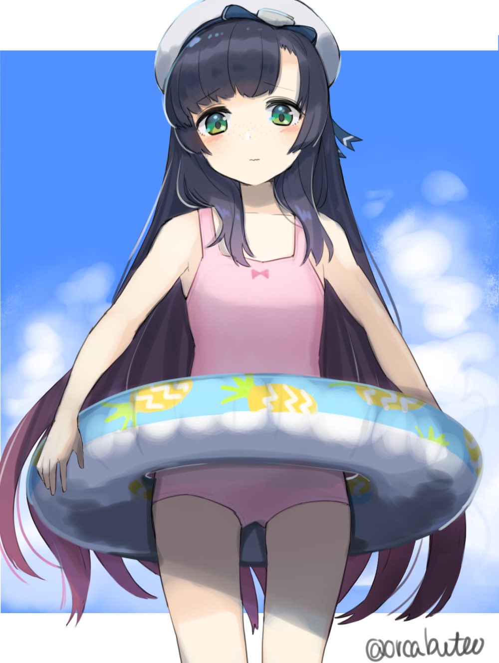 1girl alternate_costume black_hair blue_sky casual_one-piece_swimsuit clouds cowboy_shot gradient_hair green_eyes hat highres innertube kantai_collection long_hair matsuwa_(kantai_collection) multicolored_hair one-piece_swimsuit pink_swimsuit purple_hair sailor_hat sky solo standing swimsuit twitter_username two-tone_background white_hat yamashiki_(orca_buteo)