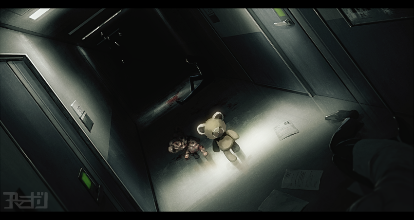 amemidori blood blood_stain corpse dark hallway horror_(theme) lying on_side paper scp-1048 scp_foundation sitting spark stuffed_animal stuffed_toy tagme teddy_bear