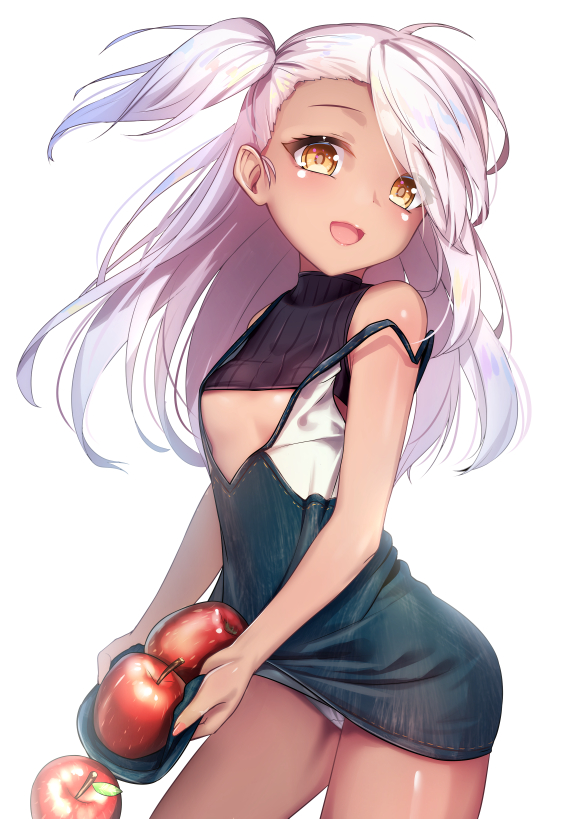 1girl :d apple bangs bare_arms bare_shoulders black_dress breasts brown_eyes chloe_von_einzbern commentary dark_skin dress fate/kaleid_liner_prisma_illya fate_(series) food fruit long_hair one_side_up open_mouth panties red_apple revision silver_hair simple_background skirt_basket small_breasts smile solo strap_slip underwear very_long_hair white_background white_panties yan_(nicknikg)