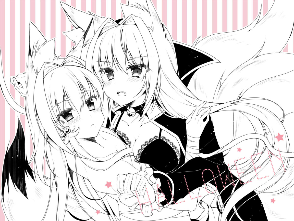 2girls animal_ears bangs bare_shoulders bell blush breasts cape choker cleavage closed_mouth collarbone eyebrows_visible_through_hair fang fingernails fox_ears fox_tail gloves hair_bell hair_between_eyes hair_ornament halloween jacket jingle_bell kitsune long_hair long_sleeves medium_breasts monaka_natsume multiple_girls multiple_tails open_mouth original striped striped_background tail vertical-striped_background vertical_stripes very_long_hair