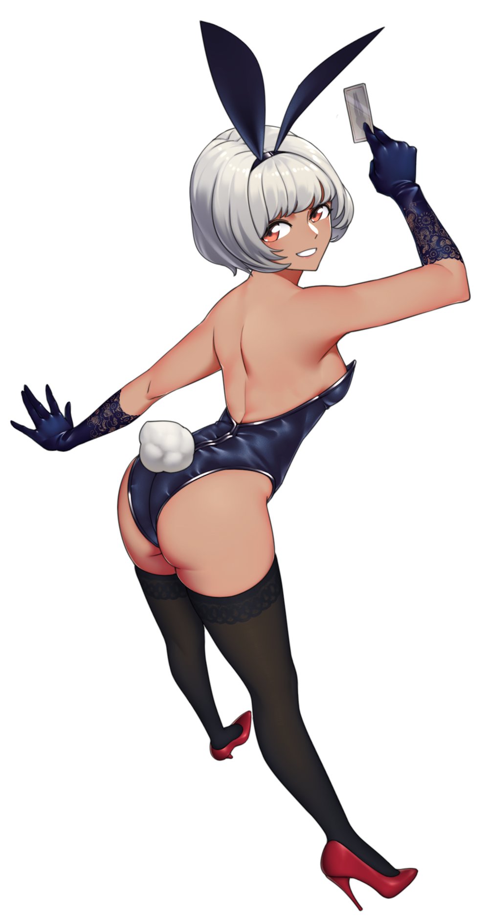 1girl animal_ears ass bangs bare_back bare_shoulders black_legwear bob_cut breasts bunny_tail bunnysuit card dark_skin elbow_gloves fake_animal_ears from_behind full_body gloves high_heels highres holding leotard looking_at_viewer looking_back medium_breasts original parted_lips rabbit_ears red_eyes shiny shiny_hair silver_hair simple_background smile solo strapless strapless_leotard tail white_background yan_wan