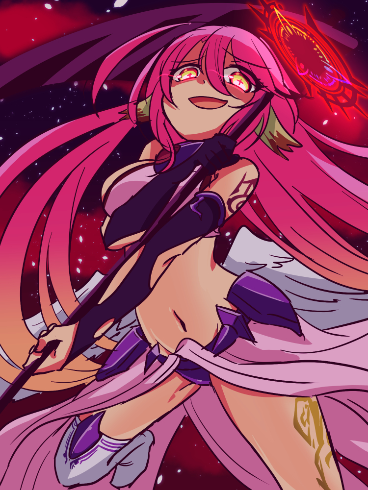 1girl angel_wings breasts crop_top cross evil_smile feathered_wings gloves gradient_hair halo jibril_(no_game_no_life) large_breasts long_hair low_wings magic_circle midriff multicolored_hair navel no_game_no_life open_mouth pink_hair sideboob single_thighhigh smile solo stomach symbol-shaped_pupils tattoo thigh-highs very_long_hair white_wings wing_ears wings yellow_eyes yuiti43