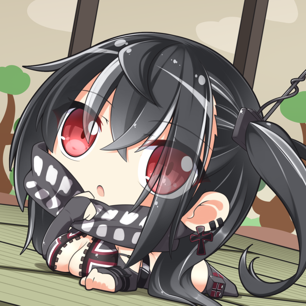 1girl :o azur_lane bangs black_hair black_legwear black_swimsuit blush breasts bridal_gauntlets chibi cleavage dutch_angle eyebrows_visible_through_hair eyes_visible_through_hair front_zipper_swimsuit hair_between_eyes hand_up indoors large_breasts long_hair looking_at_viewer lying meme_attire multicolored_hair norwegian_flag on_floor on_stomach one-piece_swimsuit one_side_up parted_lips red_eyes shachoo. sidelocks silver_hair solo streaked_hair swimsuit thigh-highs u-47_(azur_lane) unzipped