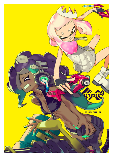 &gt;:) +_+ 2girls ^_^ bare_arms bare_legs black_gloves closed_eyes closed_mouth collared_vest crop_top cropped_vest crown dark_skin domino_mask dress dual_wielding fingerless_gloves gloves green_hair green_skin grin headphones heavy_splatling_(splatoon) high_collar hime_(splatoon) holding holding_weapon iida_(splatoon) leaning_forward long_hair mask medium_hair midair midriff mole mole_under_mouth multicolored multicolored_hair multicolored_skin multiple_girls navel navel_piercing octarian outstretched_arms piercing pink_hair pointy_ears shoes short_dress shorts simple_background smile splatoon splatoon_2 spread_arms standing stomach suction_cups tentacle_hair twitter_username two-tone_hair unzipped uyori v-shaped_eyebrows very_long_hair violet_eyes weapon white_dress white_footwear yellow_background yellow_eyes zipper zipper_pull_tab